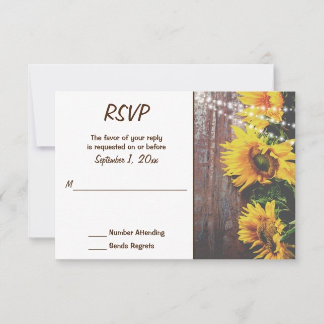 Sunflowers and Lights Rustic Country Wedding RSVP Card (Front)