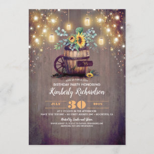 Sunflowers and Mason Jar Lights Rustic Birthday Invitation