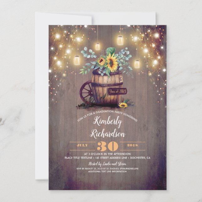 Sunflowers and Mason Jar Lights Rustic Graduation Invitation (Front)