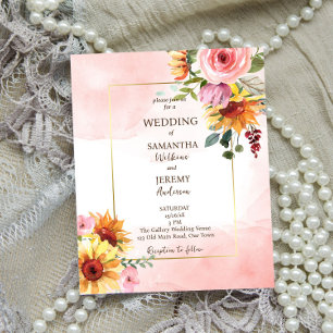 Sunflowers and pink roses budget wedding invite