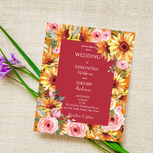 Sunflowers and pink roses budget wedding invite