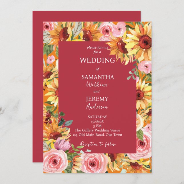 Sunflowers and pink roses wedding  invitation (Front/Back)