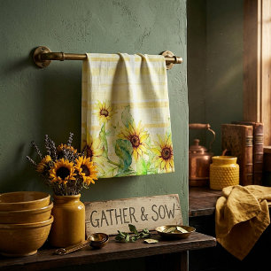 Sunflowers and plaid tea towel