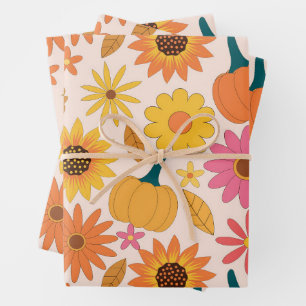 Sunflowers and Pumpkins Fall Pattern Wrapping Paper Sheet