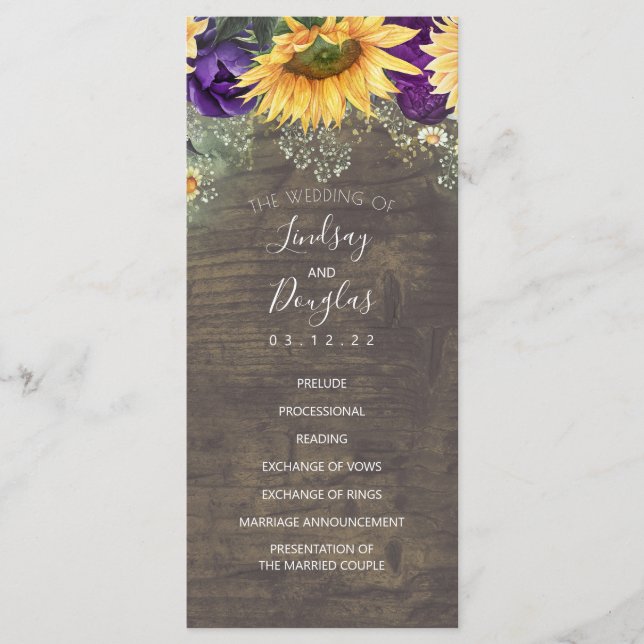 Sunflowers and Purple Rose Wedding Programs (Front)