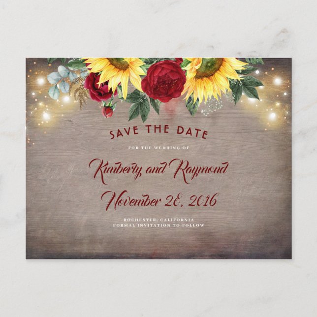 Sunflowers and Red Flowers Fall Save the Date Announcement Postcard (Front)
