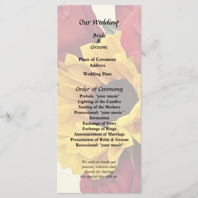 Sunflowers and Roses Bouquet Program (Front)