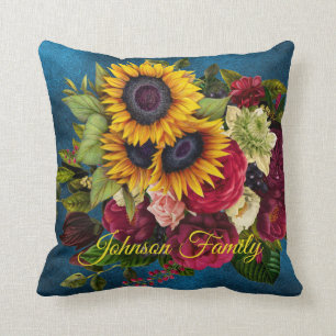 Sunflowers and roses elegant family name navy blue cushion