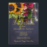 Sunflowers and roses rustic navy bridal shower invitation<br><div class="desc">Rustic country bridal shower stylish invitation template on dark midnight navy blue chalkboard background featuring a big yellow gold sunflowers and red burgundy roses bouquet, strings of twinkle white lights, and a faux gold typography script. Easy to personalise with your details! You can choose to customise it further changing fonts...</div>