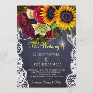 Sunflowers and roses winter rustic navy wedding invitation