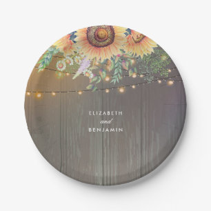 Sunflowers and String Lights Rustic Country Barn Paper Plate