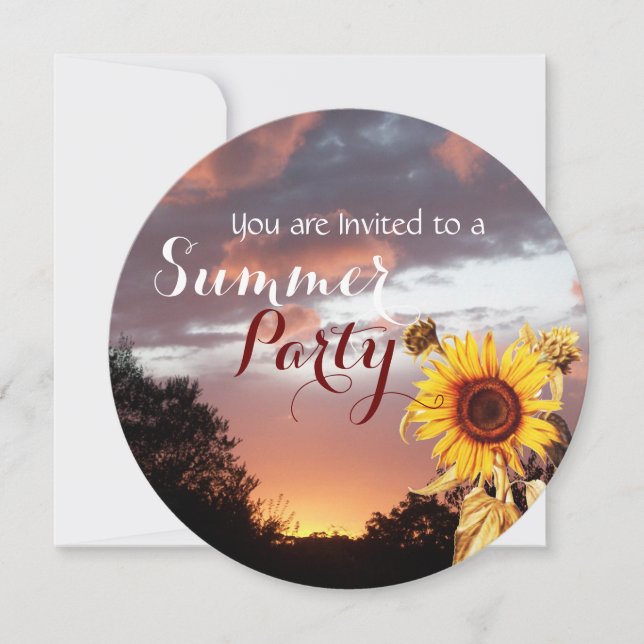 SUNFLOWERS AND SUMMER SUNSET RUSTIC WEDDING PARTY INVITATION (Front)
