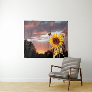 SUNFLOWERS AND SUMMER SUNSET WITH PINK CLOUDS TAPESTRY