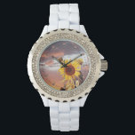 SUNFLOWERS AND SUMMER SUNSET WITH PINK CLOUDS WATCH<br><div class="desc">Colourful photo , Summer landscape with magic pink purple clouds and sunflowers Artistic Photography and graphic design by Alessandro Lumini (c)</div>