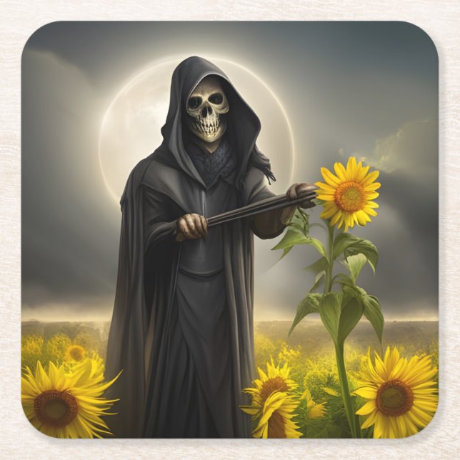 Sunflowers and the Grim Reaper  Square Paper Coaster (Front)