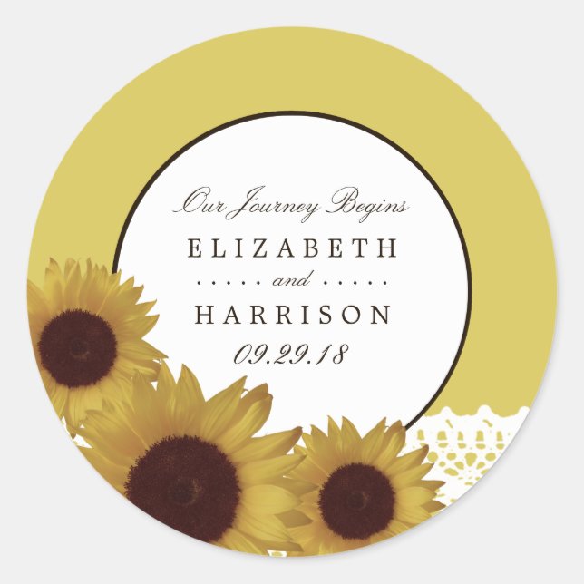 Sunflowers and Vintage Lace Wedding Classic Round Sticker (Front)