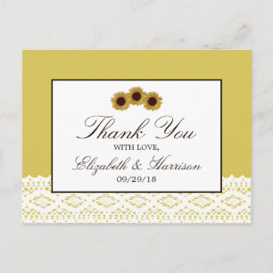 Sunflowers and Vintage Lace Wedding Thank You Postcard