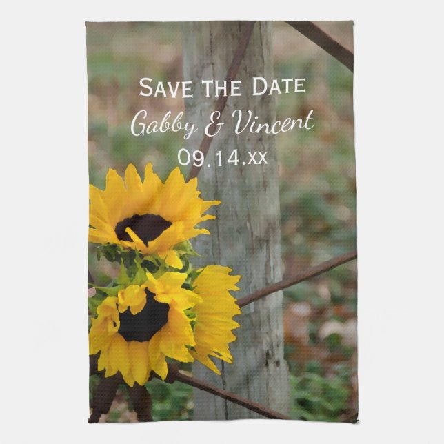 Sunflowers and Wagon Wheel Wedding Save the Date Tea Towel (Vertical)
