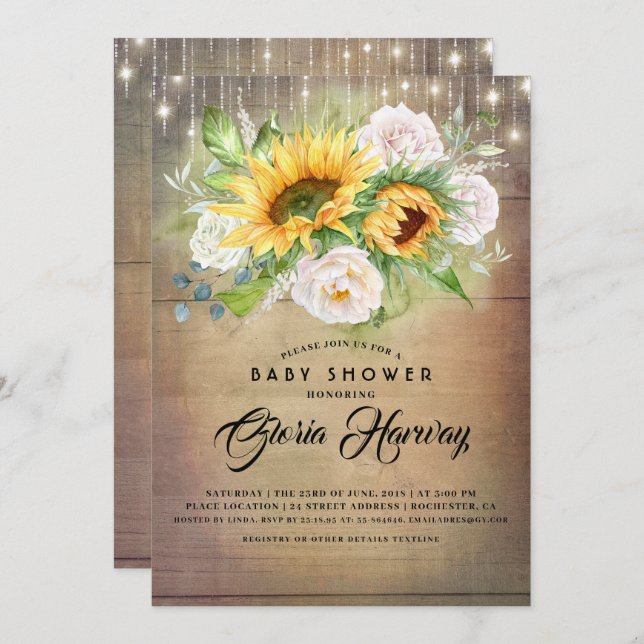 Sunflowers and White Roses Rustic Baby Shower Invitation (Front/Back)