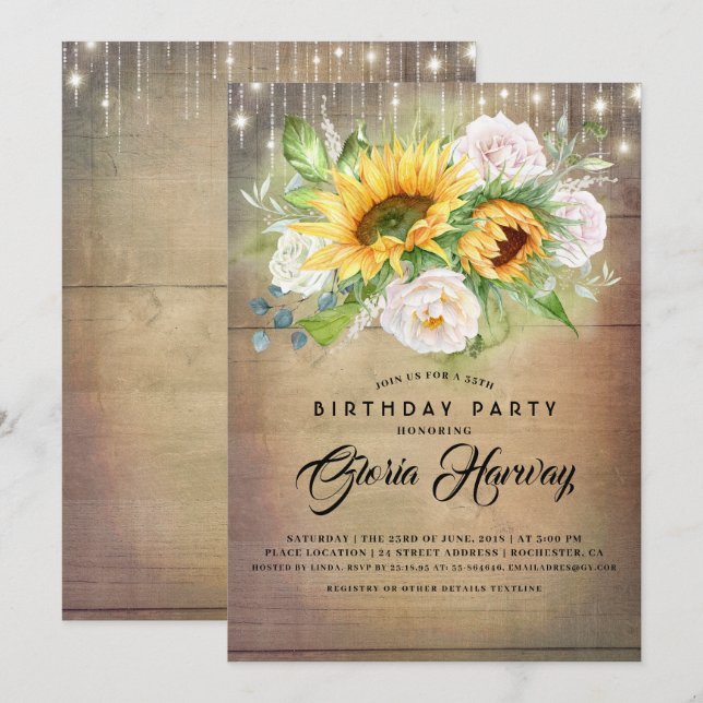 Sunflowers and White Roses Rustic Birthday Party Invitation (Front/Back)