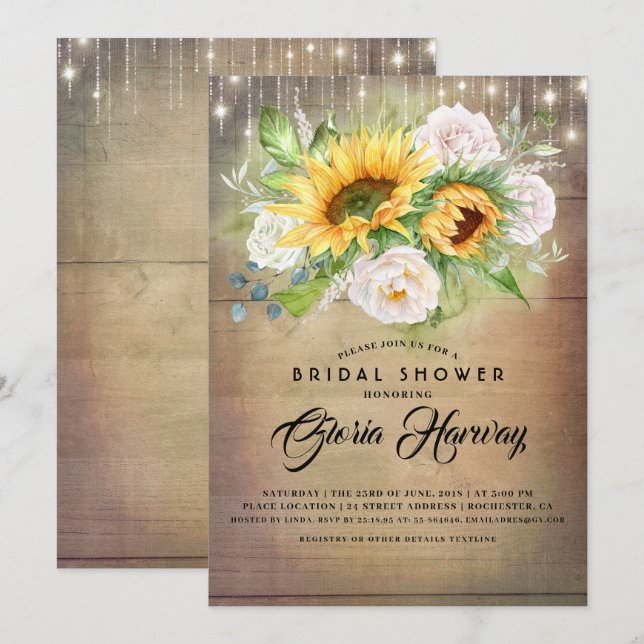 Sunflowers and White Roses Rustic Bridal Shower Invitation (Front/Back)