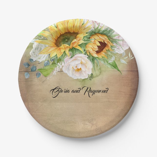 Sunflowers and White Roses Rustic Fall Paper Plate (Front)