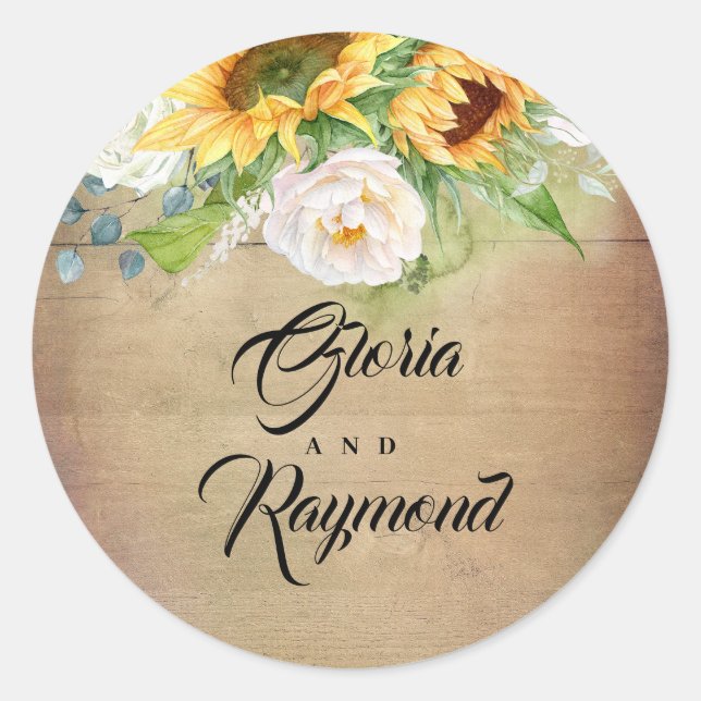 Sunflowers and White Roses Rustic Fall Wedding Classic Round Sticker (Front)