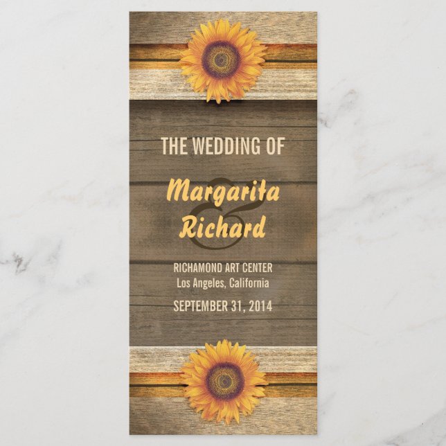 sunflowers and wood country wedding programs (Front)