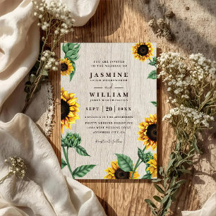 Sunflowers And Wood Rustic Country QR Code Wedding Invitation