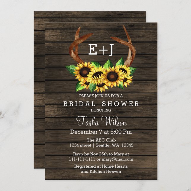 Sunflowers Antlers Country Chic Bridal Shower Invitation (Front/Back)
