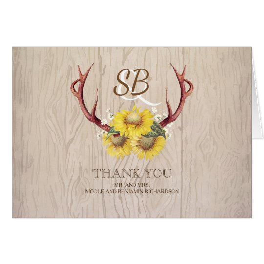 Sunflowers Antlers Rustic Wood Wedding Thank You Card
