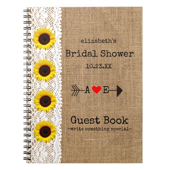 Sunflowers Arrow Burlap Lace Image Bridal Shower Notebook (Front)
