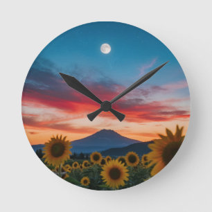 Sunflowers at Dusk: Moonrise Over the Mountain Round Clock
