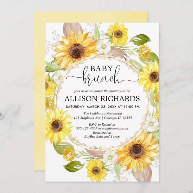 Sunflowers baby brunch shower, gender neutral invitation (Front/Back)