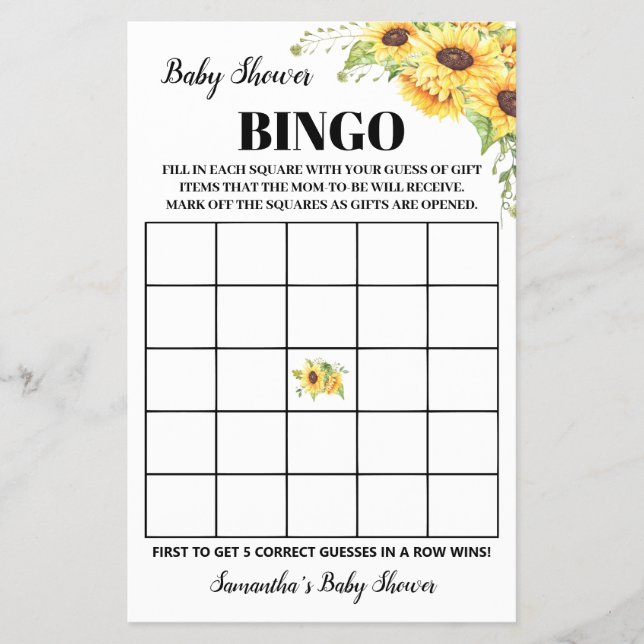 Sunflowers Baby Shower Bingo Game Card (Front)