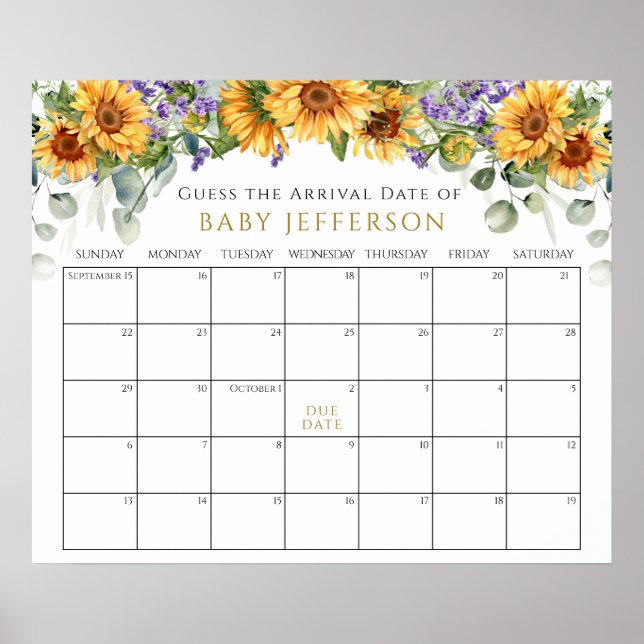 Sunflowers Baby Shower Guess Due Date Calendar Poster (Front)