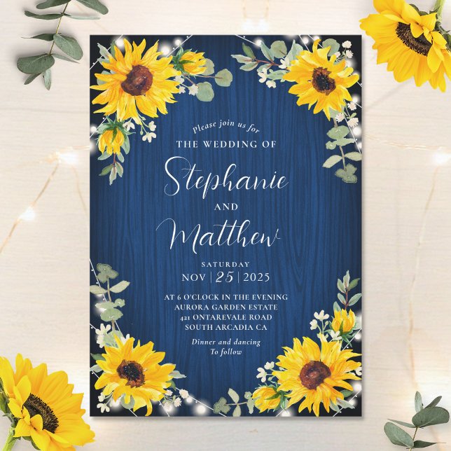 Sunflowers Babys Breath Lights Navy Wood Wedding Invitation (Creator Uploaded)