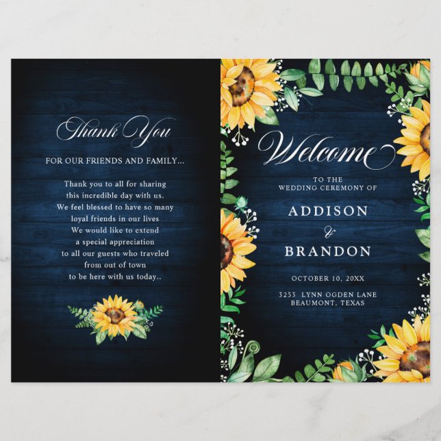 Sunflowers Baby's Breath Navy Blue Wedding Program (Front)