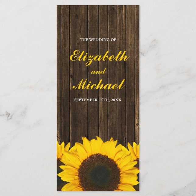 Sunflowers Barn Wood Wedding Program (Front)