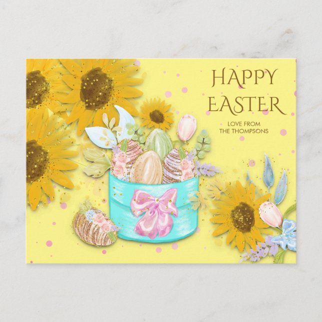 Sunflowers Basket Easter Eggs Name Yellow Holiday Postcard (Front)