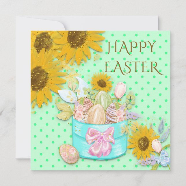 Sunflowers Basket of Eggs Happy Easter Green Dots Holiday Card (Front)