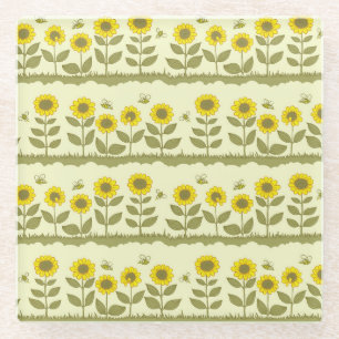 Sunflowers, bees, cute seamless pattern. glass coaster