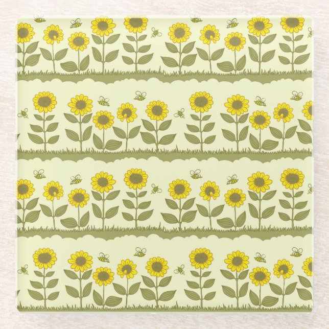 Sunflowers, bees, cute seamless pattern. glass coaster (Front)