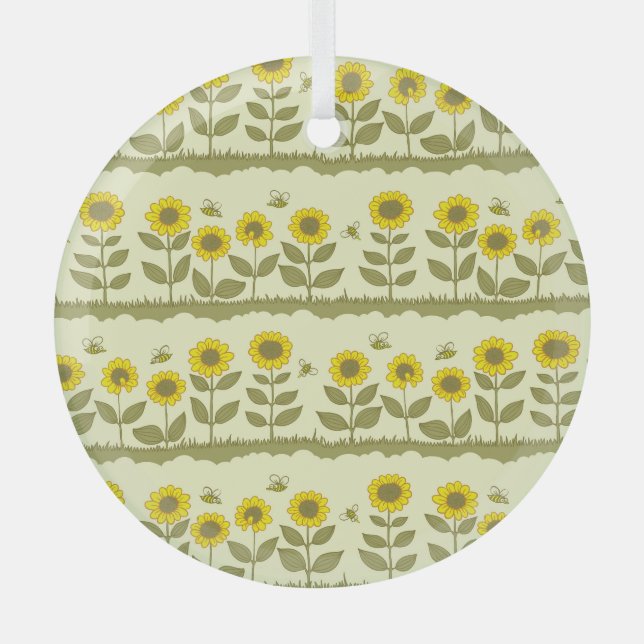 Sunflowers, bees, cute seamless pattern. glass tree decoration (Front)