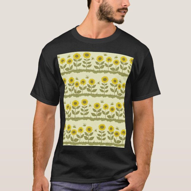 Sunflowers, bees, cute seamless pattern. T-Shirt (Front)