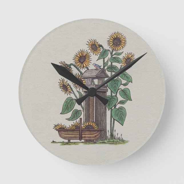 Sunflowers Birdfeeder & Blue Bird Round Clock (Front)