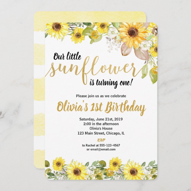 Sunflowers birthday party invitation for girl (Front/Back)