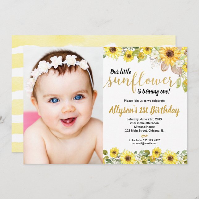 Sunflowers birthday party yellow photo girl invitation (Front/Back)