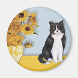 Sunflowers - Black and white cat Magnet