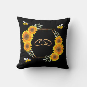 Sunflowers black bees monogram cushion